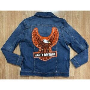 Upcycled Harley Davidson Jean Jacket Women’s Size Medium Bagatelle Biker Denim